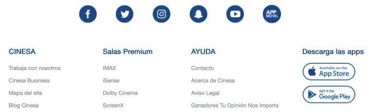 Pie de página de CINESA con enlaces de ayuda, redes sociales y aplicaciones móviles