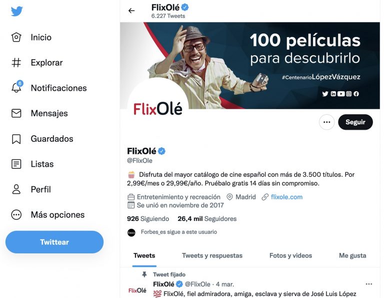 Perfil de FlixOlé en Twitter con su cabecera dedicada al cine español