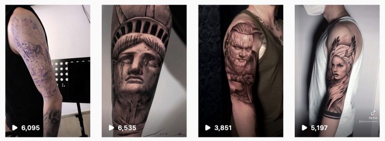 Cuatro vídeos de Instagram Reels con diseños de tatuajes y sus reproducciones