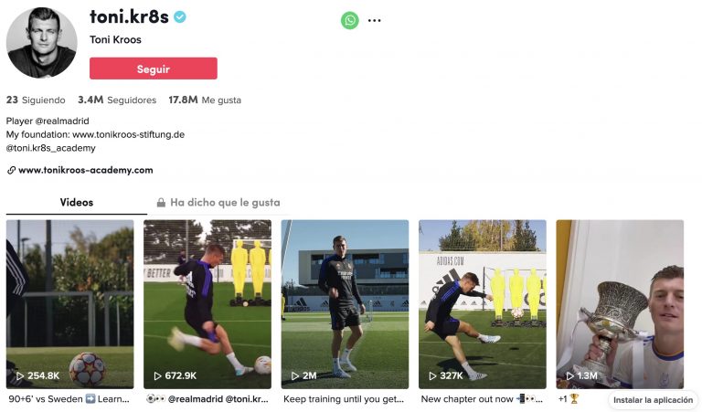 Perfil de Toni Kroos en TikTok con vídeos de fútbol y entrenamientos